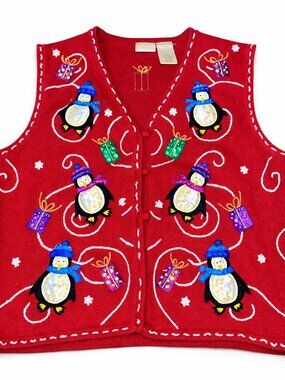 Bobbie Brooks Women’s Vintage 90s Red Penguins Sweater Vest Winter Size XL EUC